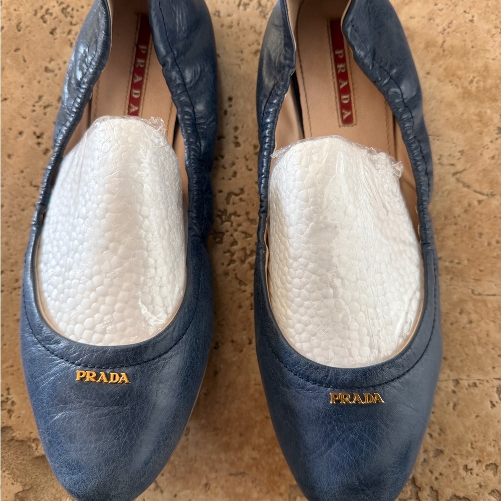 Prada Navy Leather Ballet Flats with Gold Logo